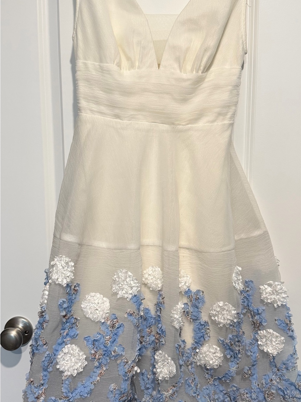 Bronx and Banco Ivory Midi Dress with Blue and White Floral Embroidery